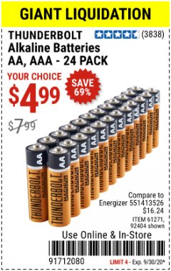 Harbor Freight Coupon THUNDERBOLT MAGNUM ALKALINE BATTERIES AA, AAA - 24 PK Lot No. 92405/61270/92404/69568/61271/92406/61272/92407/61279/92408 Expired: 9/30/20 - $4.99