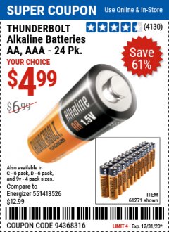 Harbor Freight Coupon THUNDERBOLT MAGNUM ALKALINE BATTERIES AA, AAA - 24 PK Lot No. 92405/61270/92404/69568/61271/92406/61272/92407/61279/92408 Expired: 12/31/20 - $4.99