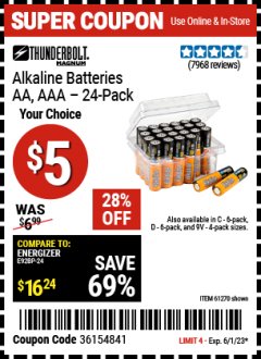 Harbor Freight Coupon THUNDERBOLT MAGNUM ALKALINE BATTERIES AA, AAA - 24 PK Lot No. 92405/61270/92404/69568/61271/92406/61272/92407/61279/92408 Expired: 6/1/23 - $5