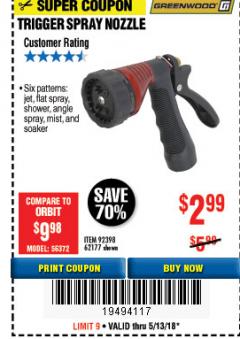 Harbor Freight Coupon TRIGGER SPRAY NOZZLE Lot No. 62177/92398 Expired: 5/13/18 - $2.99