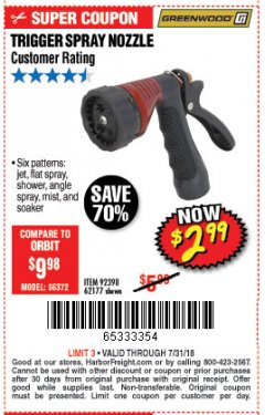 Harbor Freight Coupon TRIGGER SPRAY NOZZLE Lot No. 62177/92398 Expired: 7/31/18 - $2.99