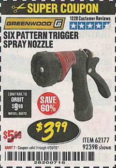Harbor Freight Coupon TRIGGER SPRAY NOZZLE Lot No. 62177/92398 Expired: 4/30/19 - $3.99