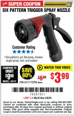 Harbor Freight Coupon TRIGGER SPRAY NOZZLE Lot No. 62177/92398 Expired: 3/8/20 - $3.99