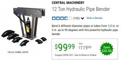 Harbor Freight Coupon 12 TON HYDRAULIC PIPE BENDER Lot No. 32888/62539 Expired: 6/30/20 - $99.99