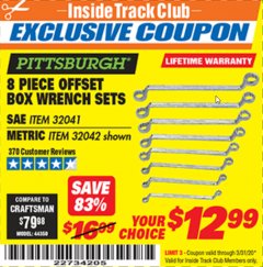 Harbor Freight ITC Coupon 8 PIECE OFFSET BOX WRENCH SETS Lot No. 32041/32042 Expired: 3/31/20 - $12.99