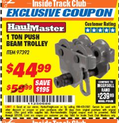Harbor Freight ITC Coupon 1 TON PUSH BEAM TROLLEY Lot No. 97392 Expired: 3/31/18 - $44.99
