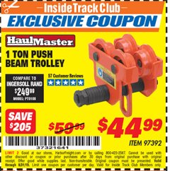 Harbor Freight ITC Coupon 1 TON PUSH BEAM TROLLEY Lot No. 97392 Expired: 8/31/19 - $44.99