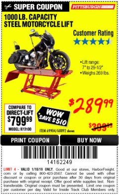 Harbor Freight ITC Coupon 1000 LB. CAPACITY MOTORCYCLE LIFT Lot No. 69904/68892 Expired: 1/10/19 - $289.99