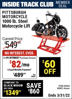 Harbor Freight ITC Coupon 1000 LB. CAPACITY MOTORCYCLE LIFT Lot No. 69904/68892 Expired: 3/31/22 - $489.99