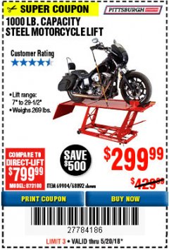 Harbor Freight Coupon 1000 LB. CAPACITY MOTORCYCLE LIFT Lot No. 69904/68892 Expired: 5/20/18 - $299.99