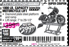 Harbor Freight Coupon 1000 LB. CAPACITY MOTORCYCLE LIFT Lot No. 69904/68892 Expired: 10/1/18 - $299.99