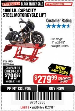 Harbor Freight Coupon 1000 LB. CAPACITY MOTORCYCLE LIFT Lot No. 69904/68892 Expired: 12/2/18 - $279.99