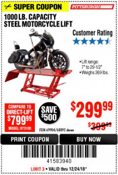 Harbor Freight Coupon 1000 LB. CAPACITY MOTORCYCLE LIFT Lot No. 69904/68892 Expired: 12/24/18 - $299.99