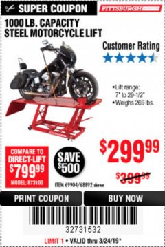 Harbor Freight Coupon 1000 LB. CAPACITY MOTORCYCLE LIFT Lot No. 69904/68892 Expired: 3/24/19 - $299.99