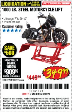 Harbor Freight Coupon 1000 LB. CAPACITY MOTORCYCLE LIFT Lot No. 69904/68892 Expired: 3/31/20 - $349.99