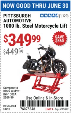 Harbor Freight Coupon 1000 LB. CAPACITY MOTORCYCLE LIFT Lot No. 69904/68892 Expired: 6/30/20 - $349.99