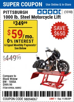 Harbor Freight Coupon 1000 LB. CAPACITY MOTORCYCLE LIFT Lot No. 69904/68892 Expired: 11/30/20 - $349.99