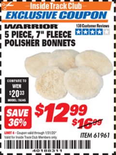 Harbor Freight ITC Coupon 5 PIECE 7" FLEECE POLISHER BONNETS Lot No. 61961/93591 Expired: 1/31/20 - $12.99