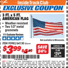 Harbor Freight ITC Coupon 3 FT. x 5 FT. AMERICAN FLAG Lot No. 95983 Expired: 4/14/19 - $3.99