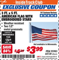 Harbor Freight ITC Coupon 3 FT. x 5 FT. AMERICAN FLAG Lot No. 95983 Expired: 9/30/19 - $3.99