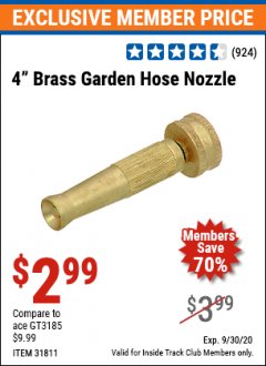 Harbor Freight ITC Coupon 4" BRASS GARDEN HOSE NOZZLE Lot No. 31811 Expired: 9/30/20 - $2.99