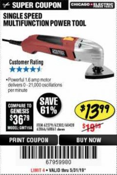 Harbor Freight Coupon MULTIFUNCTION POWER TOOL Lot No. 68861/60428/62279/62302 Expired: 5/31/19 - $13.99
