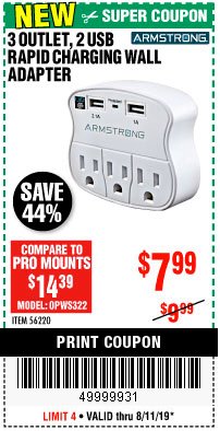 Harbor Freight Coupon 3 OUTLET ADAPTER WITH LIGHT PACK OF 2 Lot No. 62346/95341 Expired: 8/11/19 - $7.99