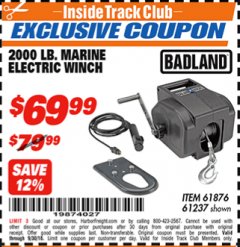 Harbor Freight ITC Coupon 2000 LB. MARINE ELECTRIC WINCH Lot No. 61237/61876/96455 Expired: 9/30/18 - $69.99