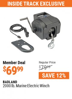 Harbor Freight ITC Coupon 2000 LB. MARINE ELECTRIC WINCH Lot No. 61237/61876/96455 Expired: 7/1/21 - $69.99