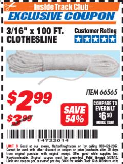 Harbor Freight ITC Coupon 3/16" x 100 FT. CLOTHESLINE Lot No. 66565 Expired: 5/31/18 - $2.99