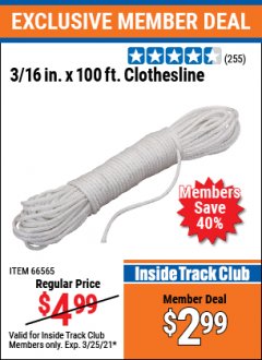 Harbor Freight ITC Coupon 3/16" x 100 FT. CLOTHESLINE Lot No. 66565 Expired: 3/25/21 - $2.99