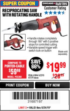 Harbor Freight Coupon RECIPROCATING SAW WITH ROTATING HANDLE Lot No. 65570/61884/62370 Expired: 6/24/19 - $19.99