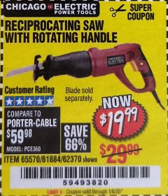 Harbor Freight Coupon RECIPROCATING SAW WITH ROTATING HANDLE Lot No. 65570/61884/62370 Expired: 1/6/20 - $19.99