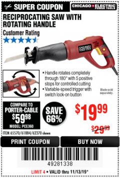 Harbor Freight Coupon RECIPROCATING SAW WITH ROTATING HANDLE Lot No. 65570/61884/62370 Expired: 11/13/19 - $19.99