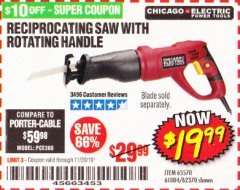 Harbor Freight Coupon RECIPROCATING SAW WITH ROTATING HANDLE Lot No. 65570/61884/62370 Expired: 11/30/19 - $19.99