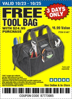 Harbor Freight FREE Coupon 12" TOOL BAG Lot No. 61467/62163/62349 Expired: 10/25/20 - FWP