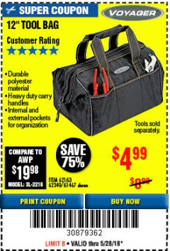 Harbor Freight Coupon 12" TOOL BAG Lot No. 61467/62163/62349 Expired: 5/28/18 - $4.99