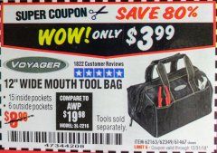 Harbor Freight Coupon 12" TOOL BAG Lot No. 61467/62163/62349 Expired: 12/31/18 - $3.99
