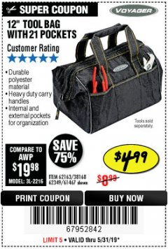 Harbor Freight Coupon 12" TOOL BAG Lot No. 61467/62163/62349 Expired: 5/31/19 - $4.99