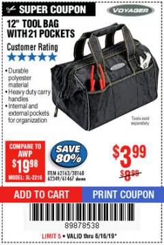 Harbor Freight Coupon 12" TOOL BAG Lot No. 61467/62163/62349 Expired: 6/16/19 - $3.99