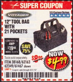 Harbor Freight Coupon 12" TOOL BAG Lot No. 61467/62163/62349 Expired: 8/31/19 - $4.99