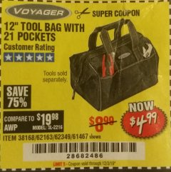 Harbor Freight Coupon 12" TOOL BAG Lot No. 61467/62163/62349 Expired: 12/3/19 - $4.99