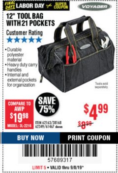 Harbor Freight Coupon 12" TOOL BAG Lot No. 61467/62163/62349 Expired: 9/8/19 - $4.99