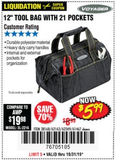 Harbor Freight Coupon 12" TOOL BAG Lot No. 61467/62163/62349 Expired: 10/31/19 - $5.99