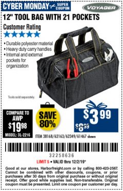 Harbor Freight Coupon 12" TOOL BAG Lot No. 61467/62163/62349 Expired: 12/1/19 - $3.99