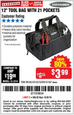 Harbor Freight Coupon 12" TOOL BAG Lot No. 61467/62163/62349 Expired: 12/8/19 - $3.99