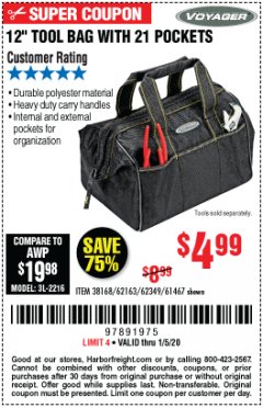 Harbor Freight Coupon 12" TOOL BAG Lot No. 61467/62163/62349 Expired: 1/5/20 - $4.99