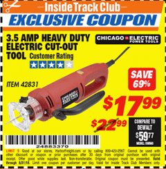 Harbor Freight ITC Coupon 3.5 AMP HEAVY DUTY ELECTRIC CUTOUT TOOL Lot No. 42831 Expired: 8/31/18 - $17.99