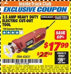 Harbor Freight ITC Coupon 3.5 AMP HEAVY DUTY ELECTRIC CUTOUT TOOL Lot No. 42831 Expired: 12/31/18 - $17.99