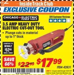 Harbor Freight ITC Coupon 3.5 AMP HEAVY DUTY ELECTRIC CUTOUT TOOL Lot No. 42831 Expired: 10/31/19 - $17.99